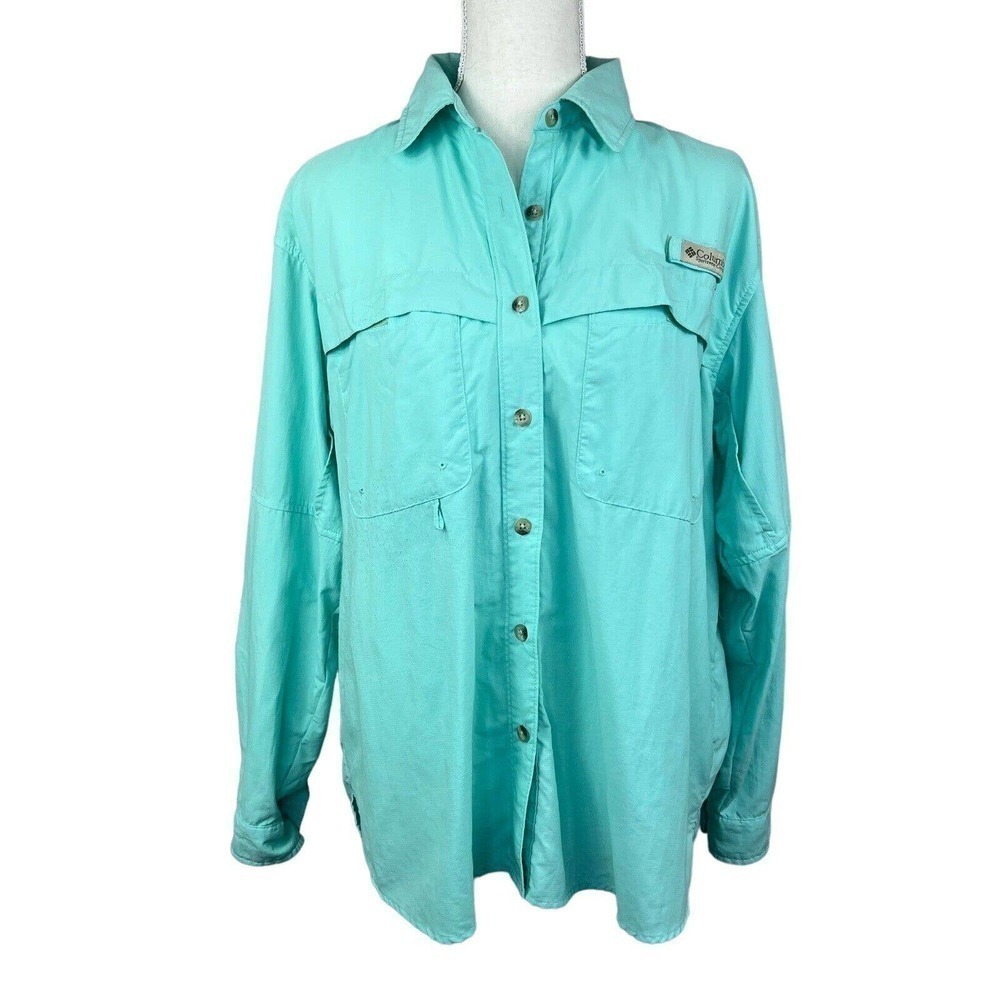Columbia PFG Mint Green Long Sleeve Button Down Shirt M Fishing UPF 30
